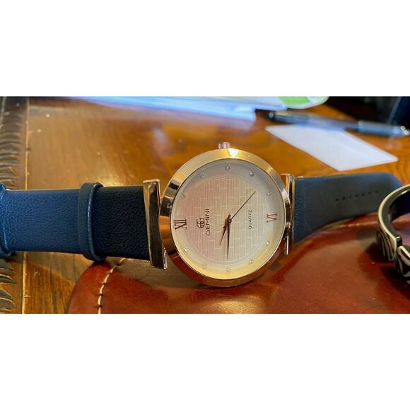 Women's 43mm Gold Tone Gemini Watch, Crystal Accented Face, Black Band - Picture 1 of 3